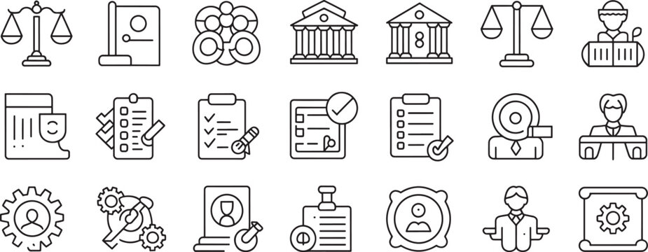 Justice Scale, Courthouse Building, and Business Law Icons Set with Legal and Contract Symbols in Clean Line Art Style