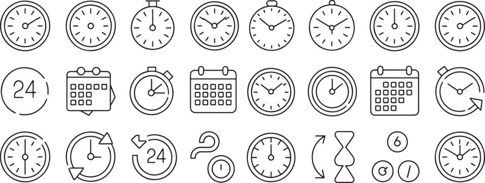 Clock Icon Set with Alarm, Calendar, Time Zones, Countdown and 24-Hour Timer Outlines for Scheduling Ui Graphics