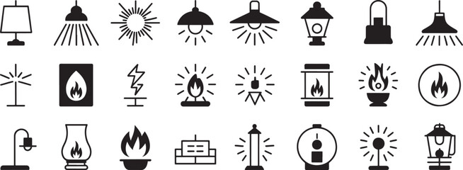 Fire and Heating Icons Set with Lamps, Candles, Lanterns, and Fireplace Flames for Energy and Safety Graphics © design png
