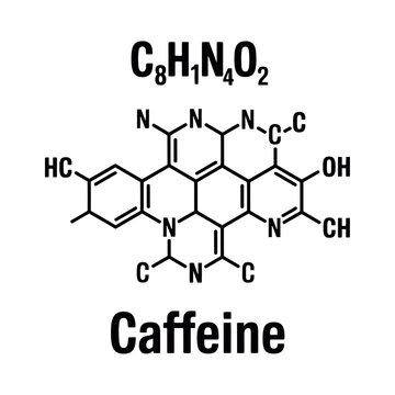A molecular structure diagram of caffeine showing its chemical formula and composition
