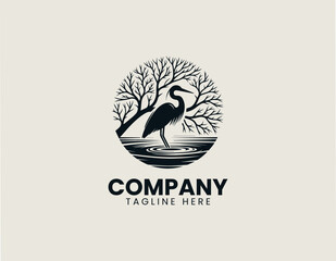 Obraz premium Heron Bird Tree Silhouette Minimalist Black Vector Logo Nature Wildlife Desig