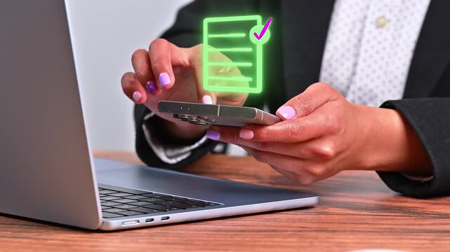 Concept of task management and business productivity using modern mobile applications. Hand scrolling on a smartphone under a bright holographic icon 