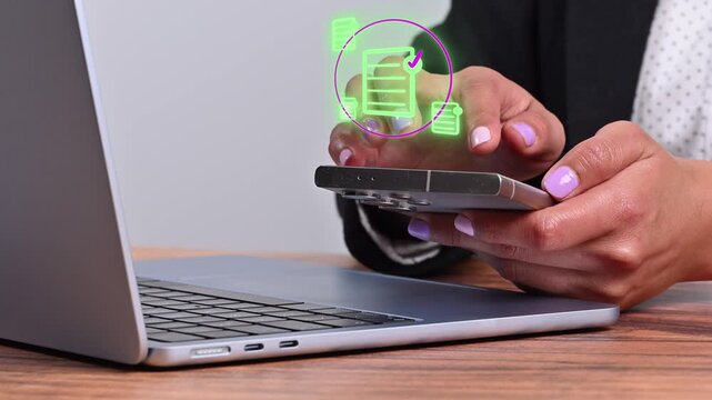 Digital management concept. Businesswoman using a smartphone with holographic icons of approved documents and a to-do list on the screen