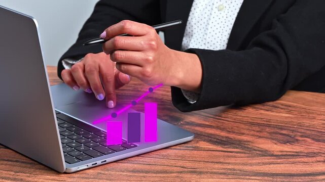 Person analyzing market statistics with a holographic icon of an augmented reality chart