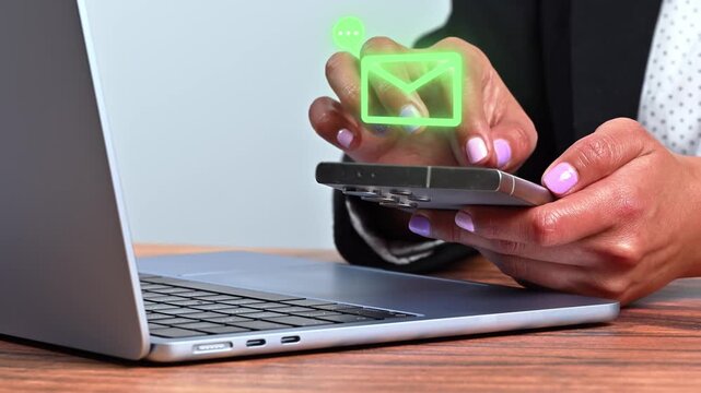 Receiving new notifications. Productivity and remote work concept. Holographic icon with neon light