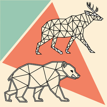 Geometric stylized animals deer and bear triangle shape abstract wildlife vector illustration isolated on light background