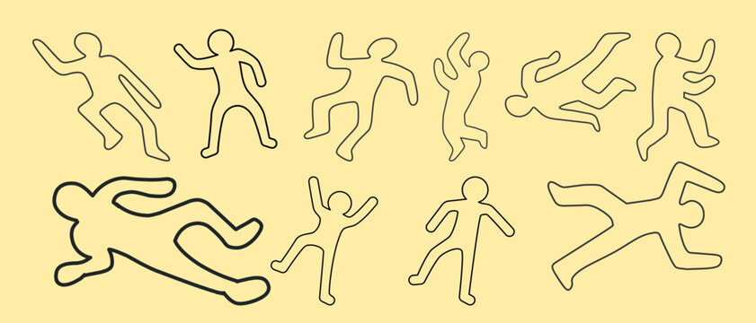Chalk outline crime scene body silhouettes and dancing human figures set. Vector contour illustrations of active male and female poses, crime victims, and expressive outlines.