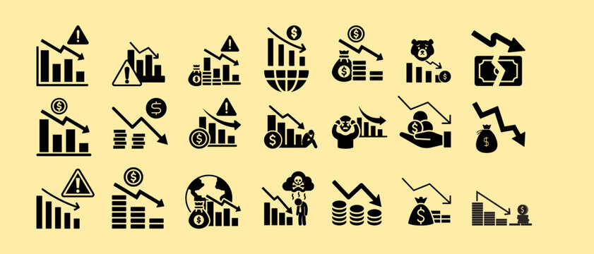 Financial crisis and economic inflation vector glyph icons. 