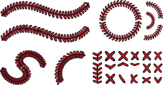Baseball Laces and Curved Stitches Vector Element Set for Sports Graphics Softball Ball Texture Patterns and Athletic Team Jersey Print Designs