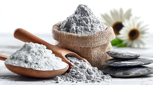 Cosmetic clay powder in burlap sack with wooden spoon and stacked spa stones for natural beauty