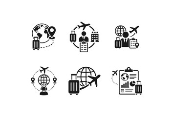 Fototapeta premium Set of business travel and global tourism icons representing trip planning and logistics.