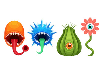 Collection of Colorful Cartoon Monster Characters, Spiky Alien Creatures, and Fantasy Eye Plants for Video Game Assets and Graphic Design Illustration on White Background © Saparistyle