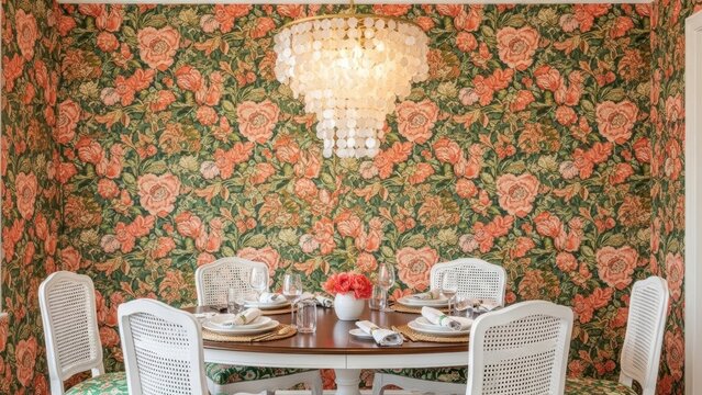 A dining area with bold, floral wallpaper in shades of coral and emerald green. The chairs are cane-backed and painted white. A chandelier made of capiz shells casts a soft, diffused light.