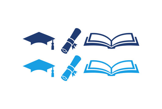 Graduation and education vector icons set featuring mortarboard cap diploma scroll and open book in blue colors.