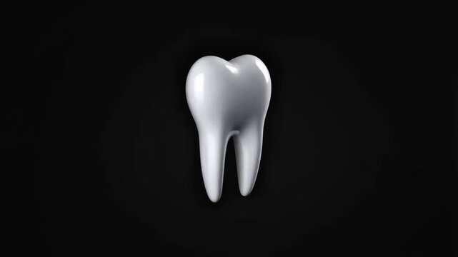 A realistic white tooth spinning gently with crystal-clean enamel and subtle specular reflections, spacious composition designed for titles and branding elements, black luma matte background 