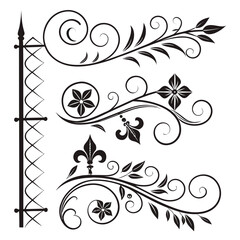 Collection of decorative floral and scroll elements with fleur de lis symbol and ornate post, vintage vector illustration © go