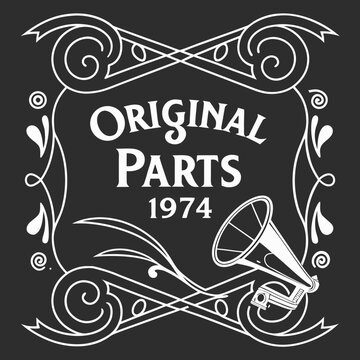Vintage original parts 1974 birthday design with antique phonogram and ornate scroll frame on dark background for anniversary celebration t-shirt