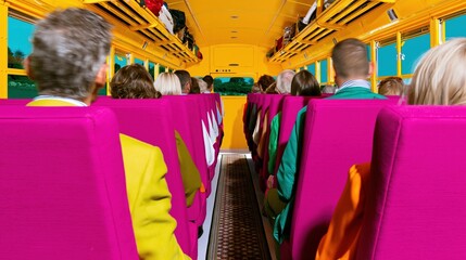 Fototapeta premium Purple passenger seats inside a yellow tour bus with people traveling for public transportation, vacation road trip and collective transit lifestyle advertising