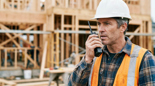 Construction foreman speaking into walkie-talkie at active building site, demonstrating effective project communication and safety protocols.