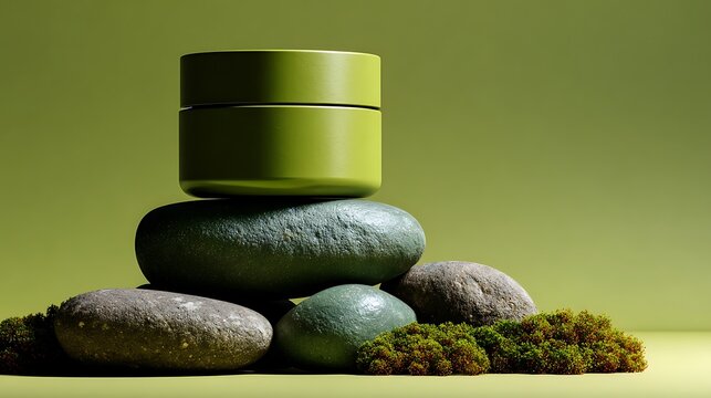 Realistic close-up of a green cosmetic jar placed on a stack of smooth stones with moss accents, minimalist aesthetic, soft green backdrop, no model release required