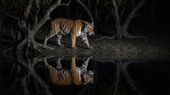 Tiger walks by water at night with reflection