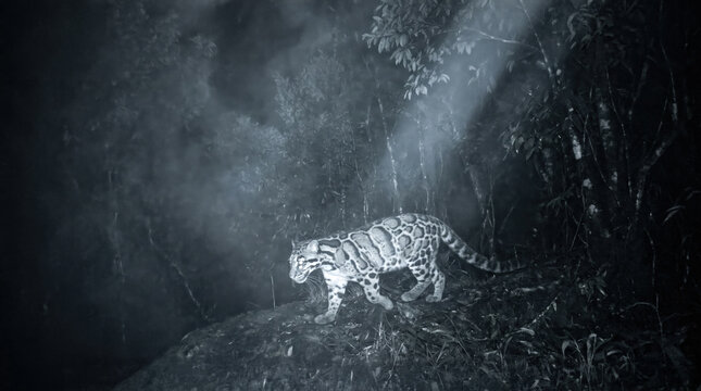 Clouded Leopard Walks Through Misty Forest at Night