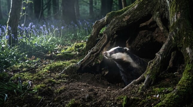 Badger peeking from its sett in a bluebell wood