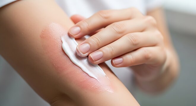 Close up of a person applying cream to an irritated red arm.