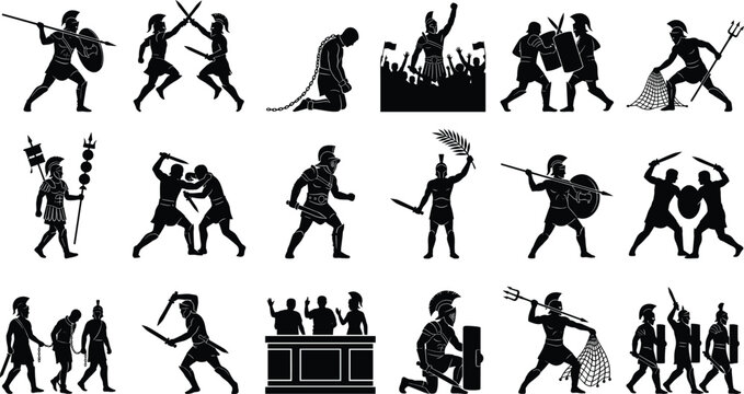 Ancient Warrior and Classical Soldier Silhouette Collection Featuring Battle Combat Guards and Historical Military Scenes
