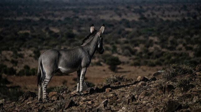 Somali wild ass standing on rocky terrain at dawn