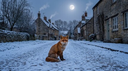 Naklejka premium Fox Sits in Snowy Village Street Under Full Moon