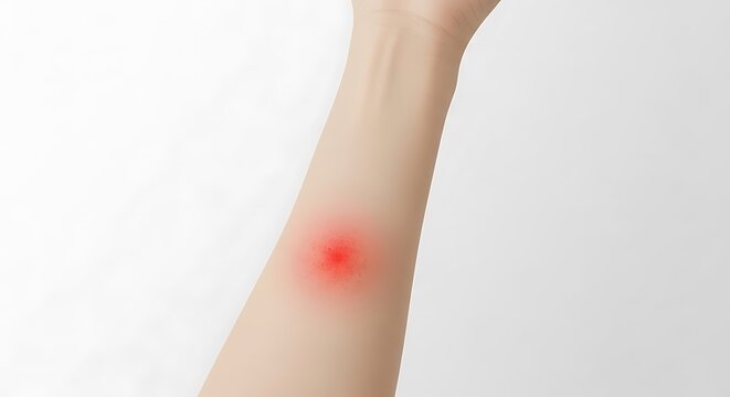 Close up of a persons arm with a red, inflamed mosquito bite on the forearm, indicating an allergic reaction or irritation.