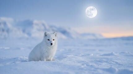 Naklejka premium Arctic Fox Under a Full Moon in a Snowy Landscape