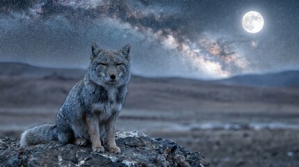 Naklejka premium Fox Under Milky Way and Full Moon