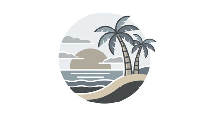 Obraz premium Tropical beach sunset icon with palm trees and ocean.
