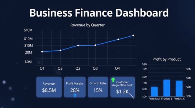 Business finance dashboard with revenue and profit charts and statistics
