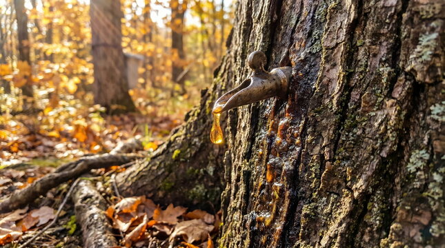 Maple sap dripping from metal spile inserted into tree trunk in autumn forest, traditional syrup production.