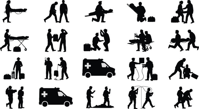 Emergency Medical Rescue and Patient Transport Silhouette Collection with Paramedics Ambulance and First Aid Scenes