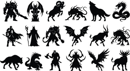 Fantasy Creature Silhouette Collection Featuring Dragons Demons Monsters Warriors Mythical Beasts and Dark Magic Characters © Liton