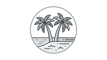 Obraz premium Circular tropical beach icon with palm trees and ocean waves.