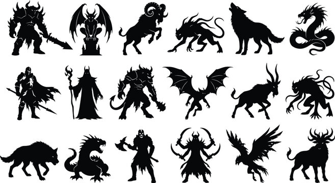Fantasy Creature Silhouette Collection Featuring Dragons Demons Monsters Warriors Mythical Beasts and Dark Magic Characters