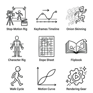 Animation Production Tools and Techniques Icons Set.