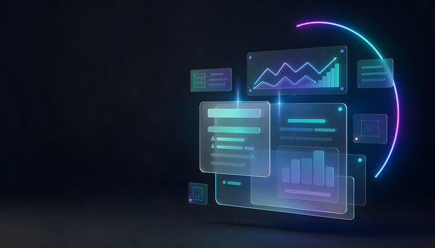 Modern holographic digital banking interface featuring glowing blue neon UI panels and futuristic data visualization dashboards