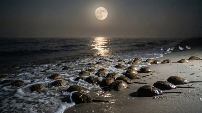 Full Moon Over Beach with Horseshoe Crabs and Seagulls