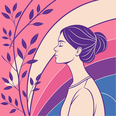 Profile portrait of a serene woman with eyes closed, featuring a bun hairstyle, against a backdrop of colorful pink and purple stripes and leafy branches © Ella