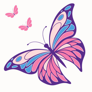 Beautiful colorful butterfly with pink blue and purple patterns flying, graphic vector illustration