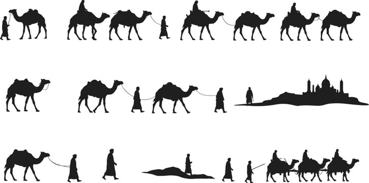 Camel caravan silhouettes, desert journey, nomadic travel, people and camels, sand dune walk, traditional expedition, cultural scene, distant city, trade route, pilgrimage