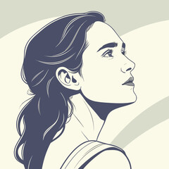 Elegant young woman profile portrait drawn with simple lines and dark blue color, sophisticated artistic illustration © Ella