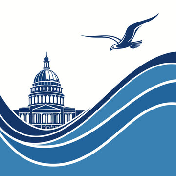 Government building with dome and seagull flying over blue waves representing water or government policy abstract background design