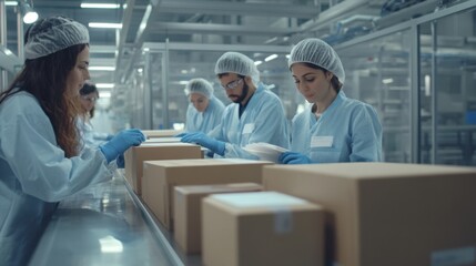 Fototapeta premium Team Sealing Boxes in Pharmaceutical Production Area